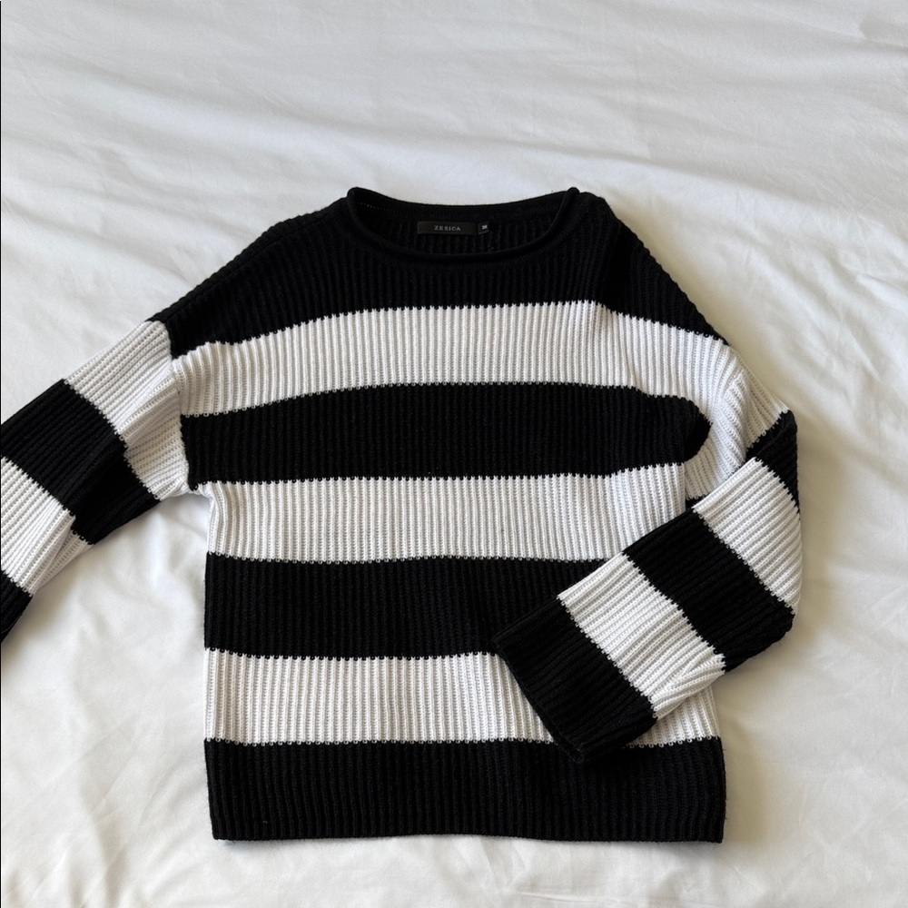 Striped Black and White Ribbed Sweater - ZARA